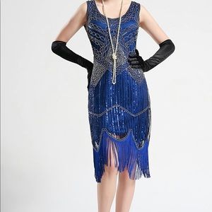 Fundaisy Roaring 20s Flapper Dress Blue Silver Size Medium Formal Cocktail